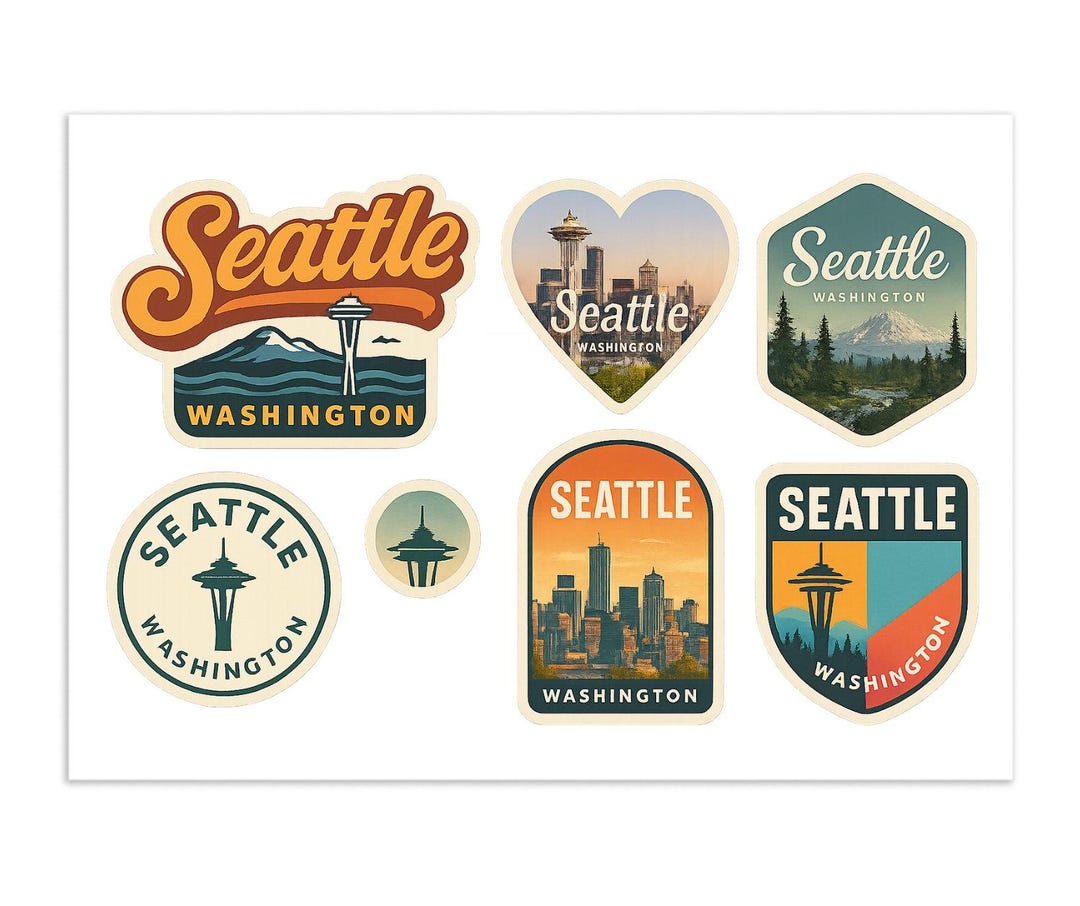 Seattle Washington Sticker Sheet - 6 Travel Souvenir Stickers Featuring ...