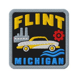 Broderad lapp med klassisk bil från Flint, Michigan, strykbar - fyrkantig, oval eller rund form, sy-på, samlarobjekt