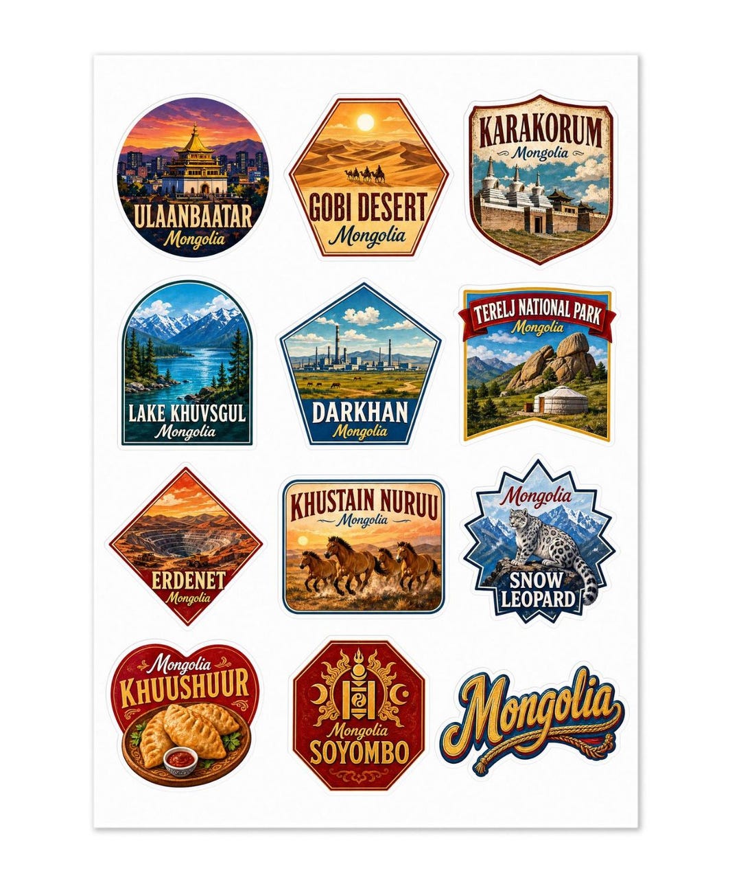 Goobi Sticker Mongolia Landmark Sticker Pack: Ulaanbaatar, Gobi Desert, Snow Leopard ...
