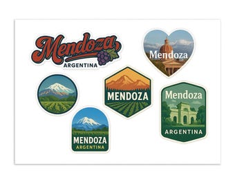 Hoja de calcomanías de Mendoza, Argentina: 6 calcomanías de recuerdo de viaje con montañas, viñedos, arquitectura y lugares emblemáticos.