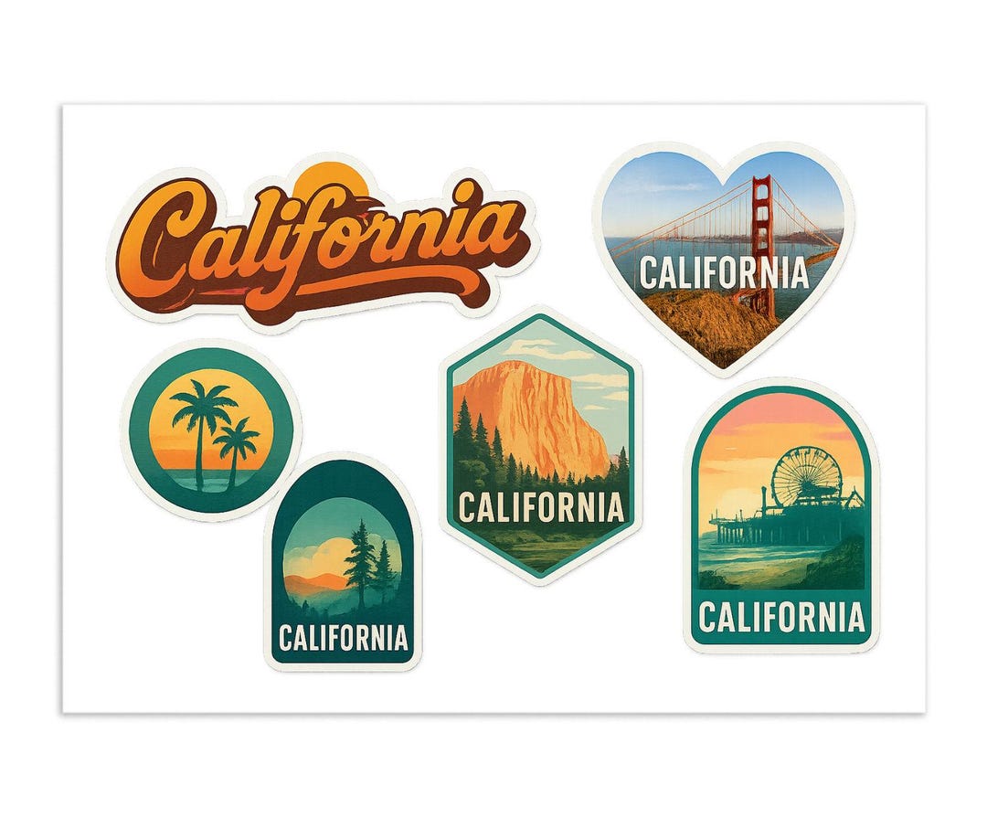 California Sticker Sheet - 6 Pack Travel Souvenir Stickers With Golden ...