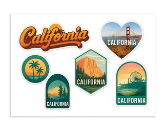 Cartela de Adesivos da Califórnia - Pacote com 6 Adesivos de Lembrança de Viagem com a Ponte Golden Gate, Palmeiras, Montanhas e Píer
