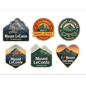 May include: A set of six stickers with mountain designs and the text "Mount LeConte Tennessee". One sticker says "I Climbed 6593 FT Mount LeConte Tennessee". The stickers are in different shapes and colours.