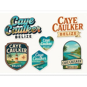 May include: A collection of colorful stickers featuring the text "Caye Caulker Belize" in various designs. The stickers showcase tropical scenes with palm trees, a lighthouse, and a pier over turquoise water. The stickers are in different shapes.