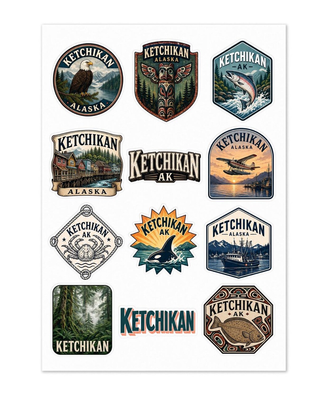 Sticker Pack Ak Ketchikan Alaska 12 Pack Souvenir Sticker Sheet 1.5 Inch Kiss Cut Vinyl ...