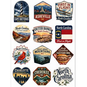 Foglio di adesivi della Carolina del Nord: città iconiche, monumenti, confezione assortita di souvenir immagine 1