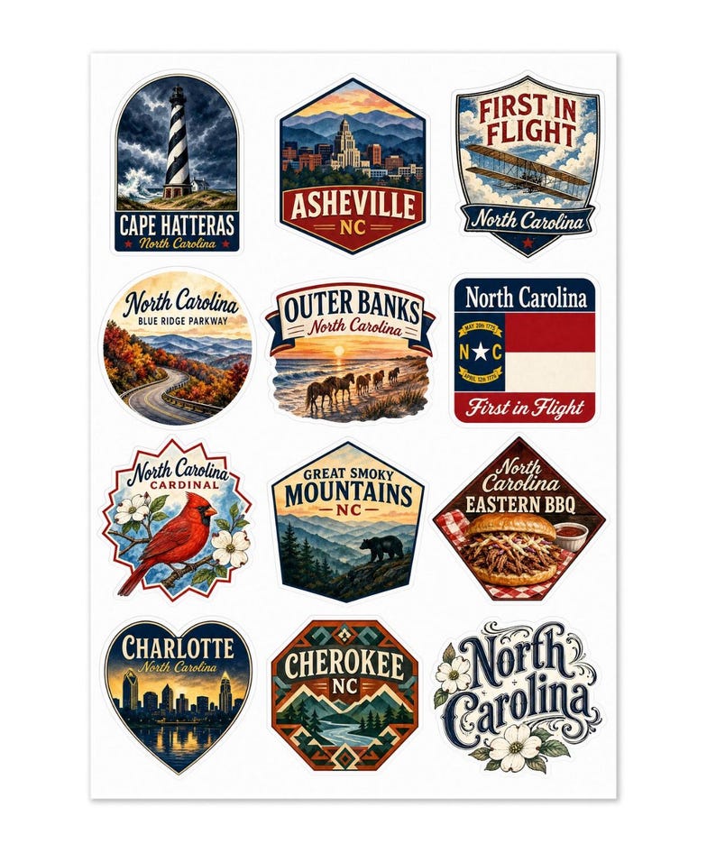 Foglio di adesivi della Carolina del Nord: città iconiche, monumenti, confezione assortita di souvenir immagine 1