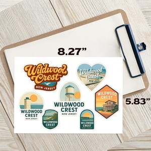 Wildwood Crest New Jersey Sticker Sheet - 7 Vintage Style Travel Decals - Beach Souvenir Stickers image 2