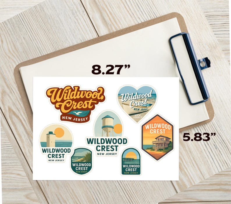 Wildwood Crest New Jersey Sticker Sheet - 7 Vintage Style Travel Decals - Beach Souvenir Stickers image 2
