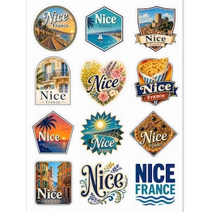 May include: A sheet of stickers featuring various designs with the word "Nice" and "France". The stickers showcase scenic views, landmarks, and food items, all in a colourful and illustrative style. The stickers are in various shapes, including circles, hexagons, and hearts.