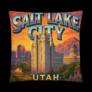 May include: Cushion featuring a Salt Lake City design. The cushion displays a colourful illustration of the Salt Lake Temple, the Utah State Capitol, and the city skyline against a sunset backdrop. The words "SALT LAKE CITY" and "UTAH" are prominently displayed.
