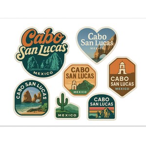 May include: A collection of seven stickers featuring the text "Cabo San Lucas" in various designs. The stickers showcase scenic illustrations of mountains, arches, and a cactus, with color schemes of green, orange, and blue. The word "Mexico" is also included.