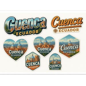 Cuenca Ecuador Sticker Sheet - 6 Travel Souvenir Decals Featuring Historic Cathedral and City Views