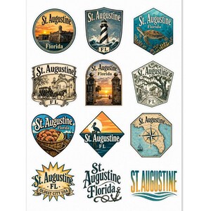 May include: A sheet of stickers featuring various designs with the text "St. Augustine Florida." The stickers showcase images of a lighthouse, a turtle, a sunset, a map, and other illustrations.