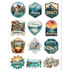 Annecy France Souvenir Sticker Sheet: Alpine Scenery, Canals, Swans (12-Pack)