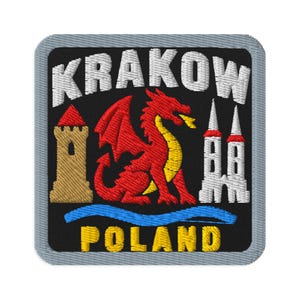Krakow Poland Dragon Castle Souvenir Embroidered Patch Iron On - Square Oval or Round Shapes Sew On Collectible