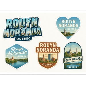 May include: Five stickers with the text "ROUYN NORANDA QUEBEC" in different designs. The stickers feature illustrations of buildings, water, and landscapes. The color scheme includes blues, greens, and browns, evoking a sense of place.
