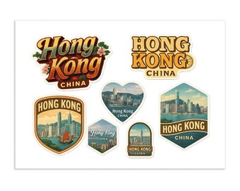 Hong Kong China Sticker Sheet - 7 Travel Souvenir Stickers with Skyline and Harbor Views