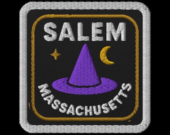 Broderad tygmärke med häxhatt från Salem, Massachusetts - Fyrkantig souvenirtygmärke med måne- och stjärndesign