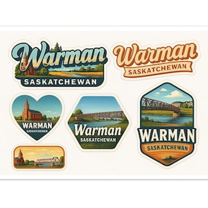 May include: A collection of six stickers featuring the word "Warman" and "Saskatchewan" in various designs. The stickers depict landscapes with a church, bridge, and river scenes. The color palette includes blues, greens, and browns.