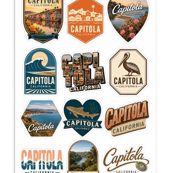 Capitola California Coastal Souvenir Sticker Sheet - 12 Pack Travel Vinyl Decals - Approx. 1.5 Inches Each