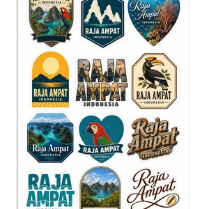 Puede incluir: Una hoja de pegatinas con doce diseños distintos relacionados con Raja Ampat, Indonesia. Las pegatinas muestran varias ilustraciones que incluyen paisajes tropicales, un loro, un cálao, arrecifes de coral y el texto Raja Ampat Indonesia.