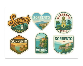 Feuille d'autocollants Sorrento Italie - 6 autocollants souvenirs de voyage représentant des vues côtières et des monuments