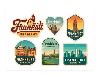 Frankfurt Deutschland Aufkleber Bogen - 6 Vintage Reise-Aufkleber mit Skyline und Wahrzeichen Souvenir Decals