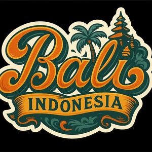 May include: A vintage-style sticker with the word "Bali" in orange and green script, with "Indonesia" in a banner below. The design includes a palm tree and a temple, set against a black background.