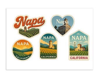 Napa California Sticker Sheet - 5 Vintage Travel Stickers Featuring Wine Country Vineyards and Landmarks