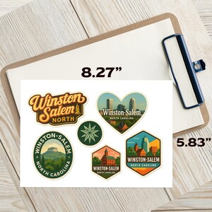Winston Salem North Carolina Aufkleber Bogen – 6er-Pack Reise-Souvenir-Aufkleber mit Stadtsilhouette, Bergblick und lokalen Sehenswürdigkeiten Bild 2