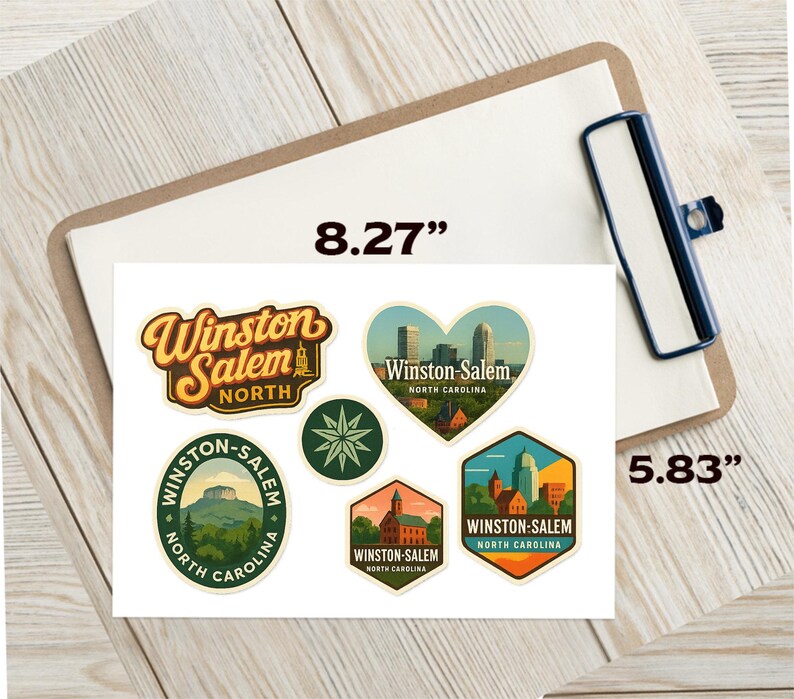 Winston Salem North Carolina Aufkleber Bogen – 6er-Pack Reise-Souvenir-Aufkleber mit Stadtsilhouette, Bergblick und lokalen Sehenswürdigkeiten Bild 2