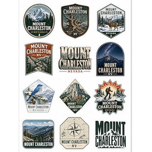 May include: A sheet of Mount Charleston, Nevada, stickers. The stickers feature various designs, including mountain landscapes, a deer, a bluebird, and a compass. Each sticker includes the text "Mount Charleston" and "Nevada".
