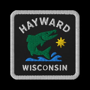 Hayward Wisconsin Embroidered Patch - Fish & Star Design Square Souvenir Travel Memento with Grey Border