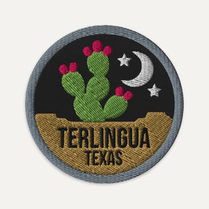 Aufnäher „Prickly Pear Moon“ aus Terlingua, Texas – Souvenir aus der Big-Bend-Wüste, Reisegeschenk für Westtexas, zum Aufbügeln