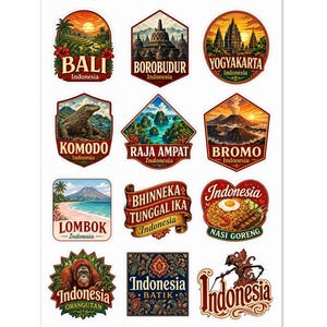 Könnte beinhalten: Ein Bogen mit Aufklebern mit indonesischen Wahrzeichen und kulturellen Symbolen. Designs umfassen Bali, Borobudur, Yogyakarta, Komodo, Raja Ampat, Bromo, Lombok, Nasi Goreng, Orang-Utan und Batik. Jeder Aufkleber hat eine einzigartige Illustration und Text.