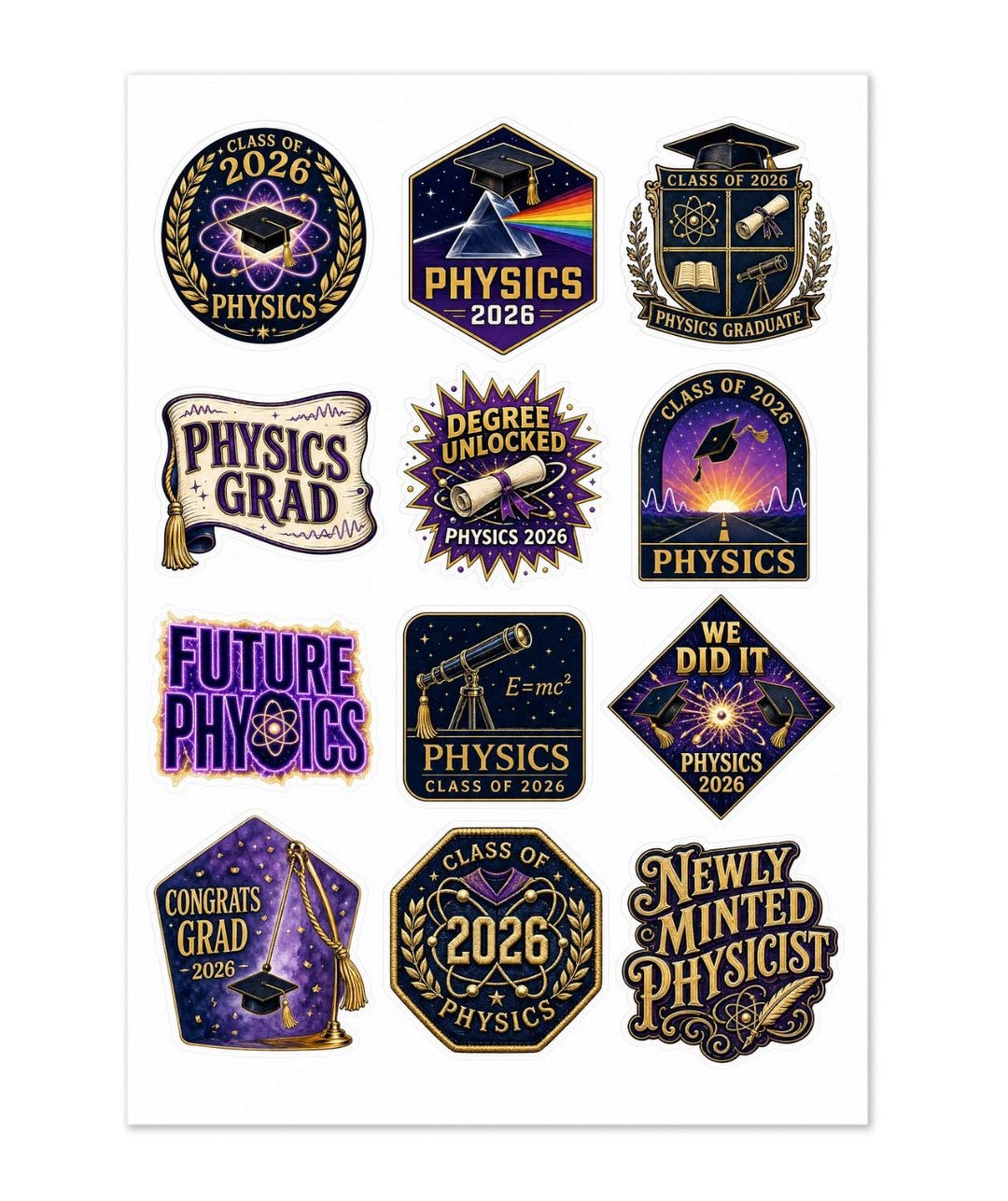 Physics Major Graduation 12 Pack Sticker Sheet Class of 2026 1.5 Inch ...