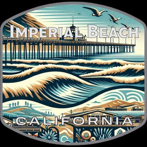 May include: A vintage-style illustration of Imperial Beach, California, featuring a pier, ocean waves, and seagulls. The artwork has a retro aesthetic with the text "IMPERIAL BEACH" and "CALIFORNIA" displayed prominently.