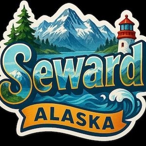 May include: A sticker featuring a scenic illustration of Seward, Alaska. The design includes a mountain range, a lighthouse, and the text "Seward Alaska" in a stylized font. The color palette includes blues, greens, and gold accents.