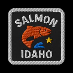 Può includere: Toppa ricamata con le parole "SALMON IDAHO" in bianco, raffigurante un pesce arancione, acqua blu e una stella gialla. La toppa ha uno sfondo nero e un bordo bianco.