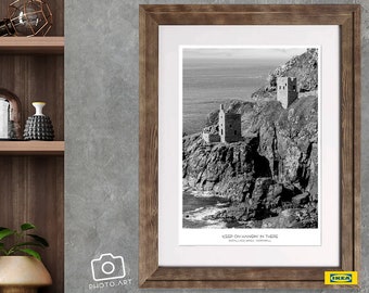 Monochrome Botallack Mine Poster Print | Cornwall Old Tin Mine Clinging To Cornish Cliffs | Crown Engine Houses Print | Penwith Coast.