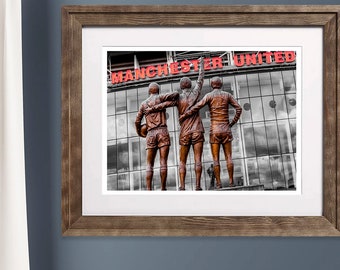 Manchester United Legends Print | Holy Trinity Print, Denis Law George Best Bobby Charlton | Red Devils | Old Trafford Wall Art | Cityscape