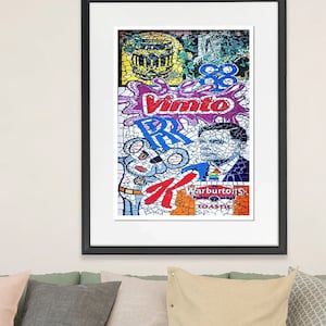 Peut inclure: Un collage encadré d'images colorées de style mosaïque de différentes marques, notamment Vimto, K et Warburton's Toastie. Le collage est sur un fond blanc.