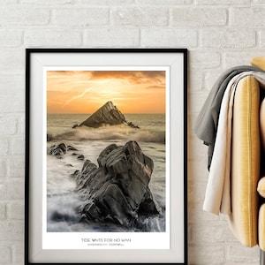 Cornwall Landscape Print | Stunning Sandymouth Beach Poster Print | Jaw-dropping Sunset Sky | Atlantic Waves Pounding Rock Formations.