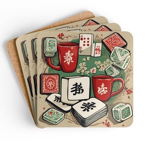 May include: Four coasters with a design featuring red teacups, green and white mahjong tiles, and red and white flowers. The tiles have Chinese characters on them. The coasters are made of cork.