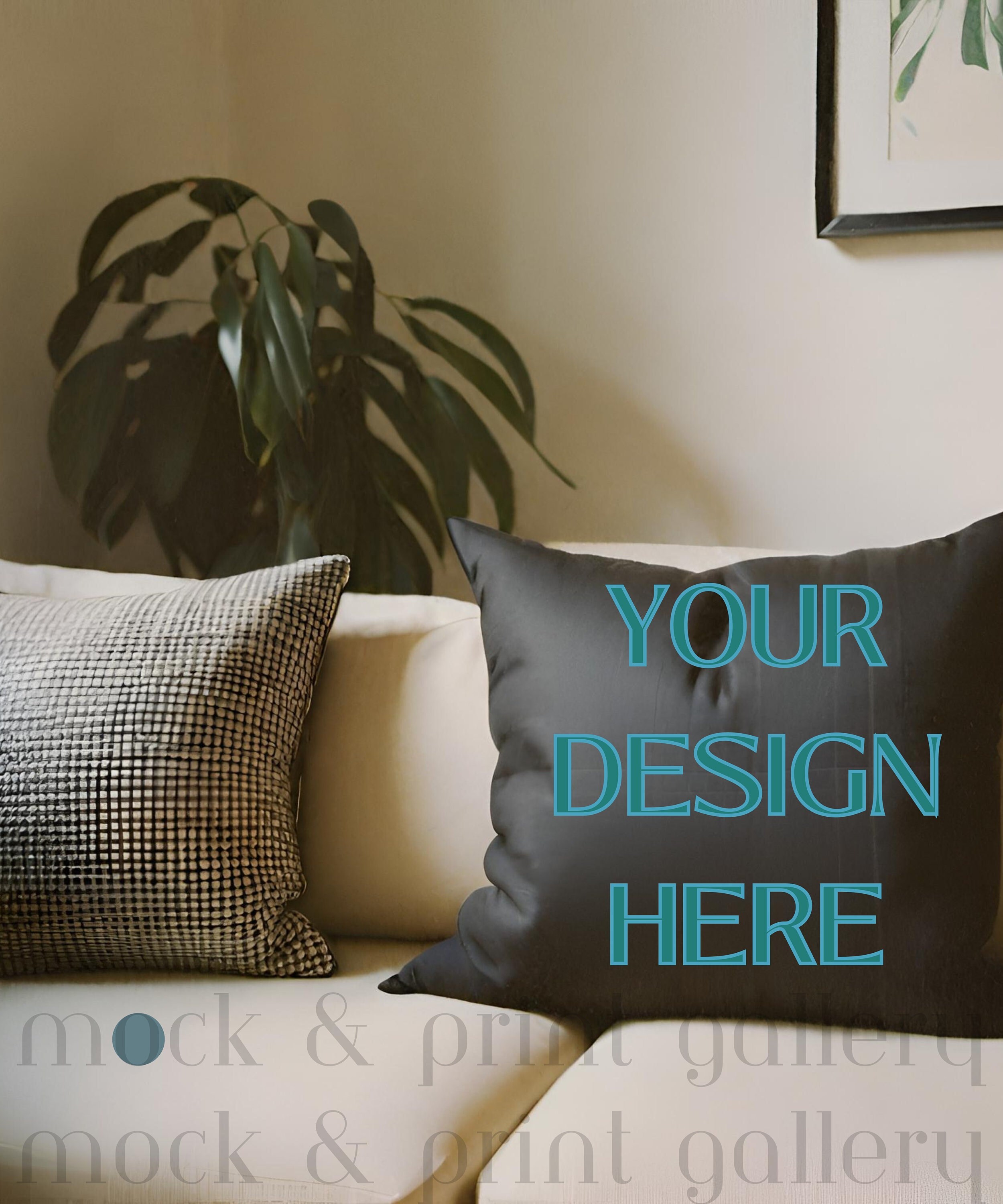 Black Pillow Mockup PNG, Styled Square Throw Pillow on Sofa Mockup, Modern Accent Pillow Mockup