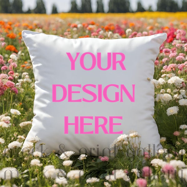 Spring Floral White Pillow Mockup PNG, Simple Styled Square Pillow for Easter, Accent Pillow Mockup, Instant Download Digital File