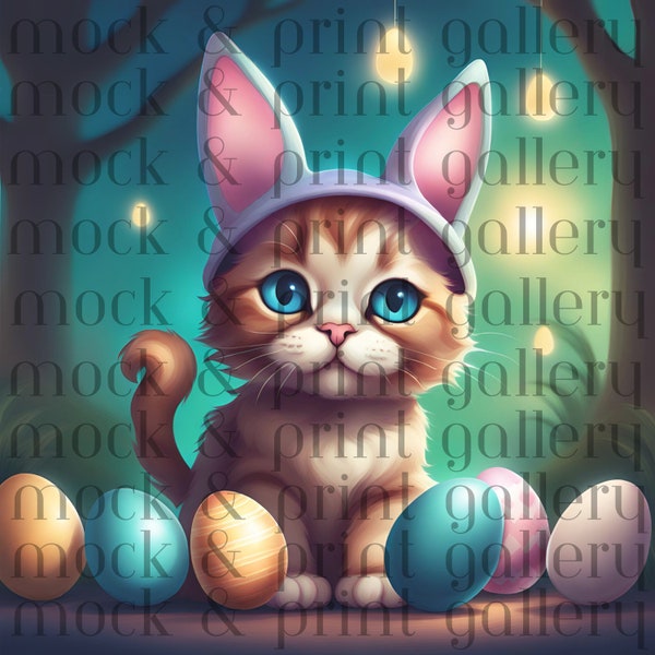 Dreamy Easter Cat Digital Files SVG PNG, Cat with Bunny Ears for Spring, Instant Download Sublimation Design, Easter Digital Art, Clipart