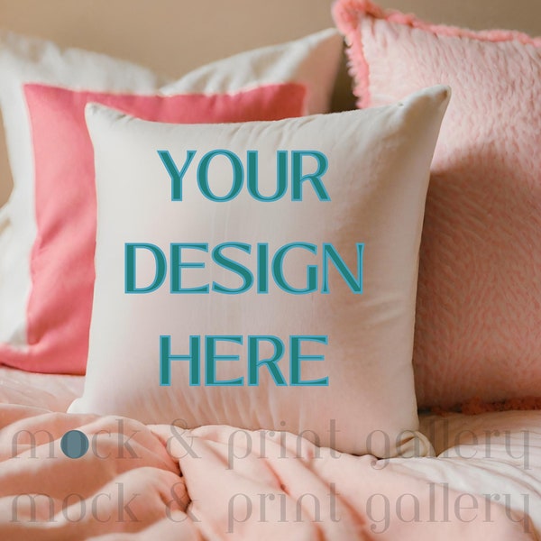 White Pillow Mockup PNG, Styled Square Throw Pillow Mockup, Pink Decor Accent Pillow Mockup, Instant Digital File Download