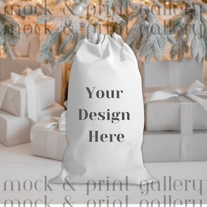 Christmas Sack Mockup PNG, Holiday Santa Sack with White Christmas Decor, Sack Mockup Digital File, Drawstring Bag Mockup, Winter Mockup